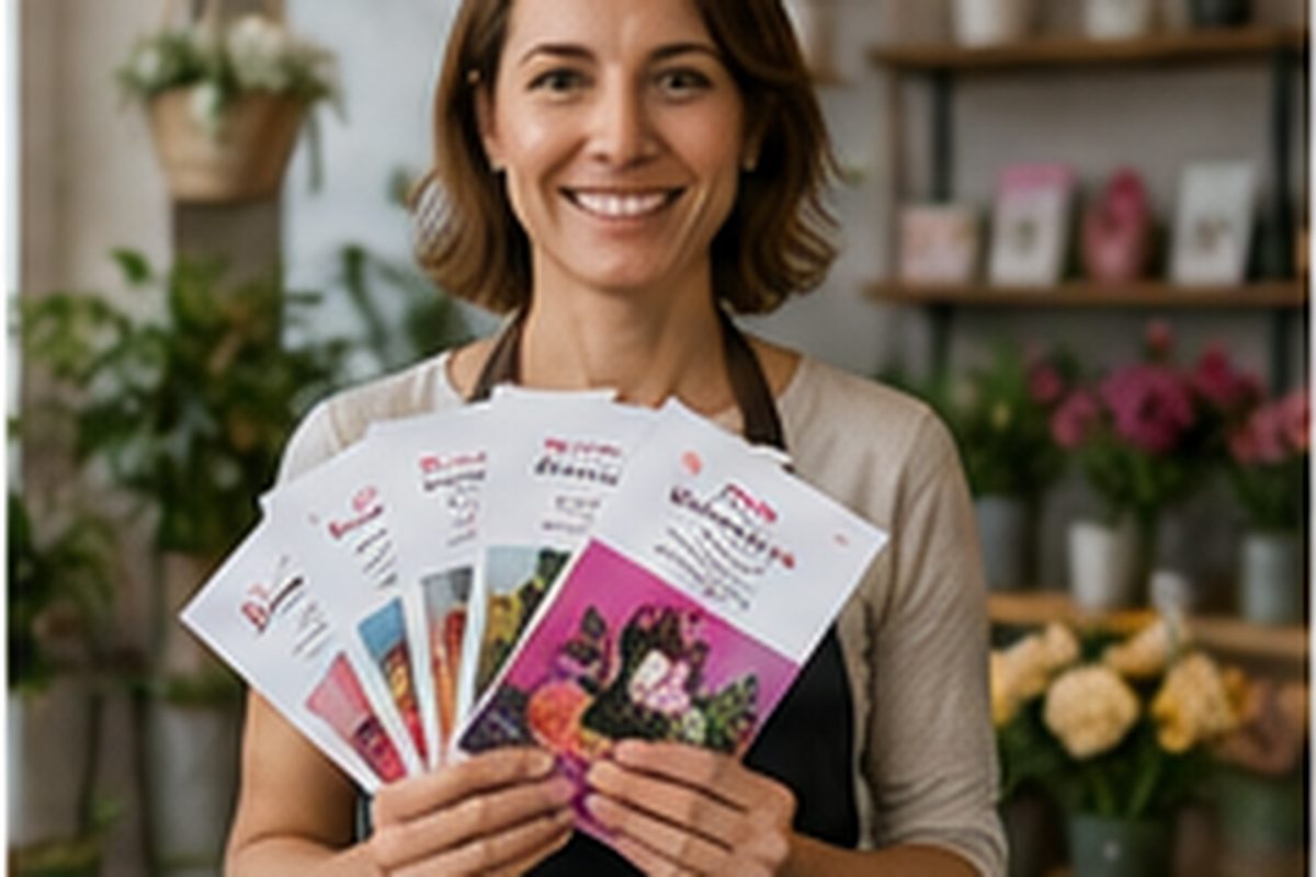 Commerçante présentant des flyers imprimés pour sa boutique