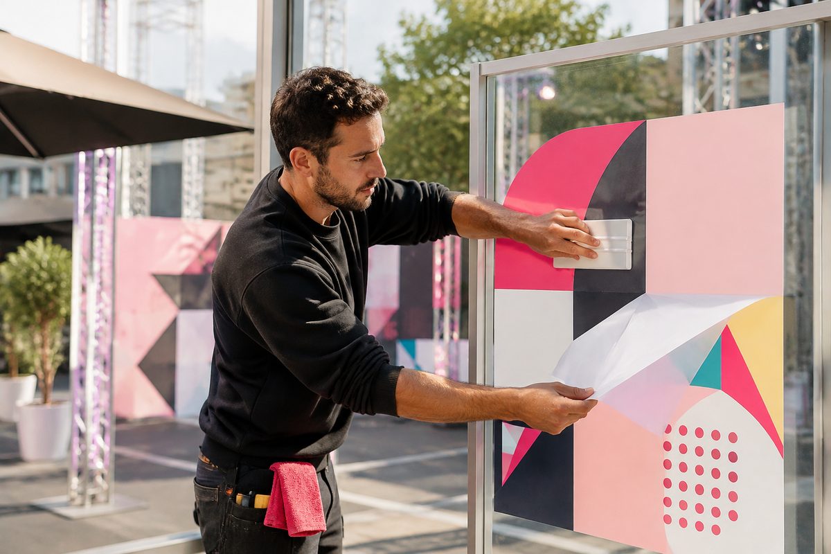 Adhésif vitrophanie collé à l'intérieur d'une vitrine, imprimé par ReflexPrinting