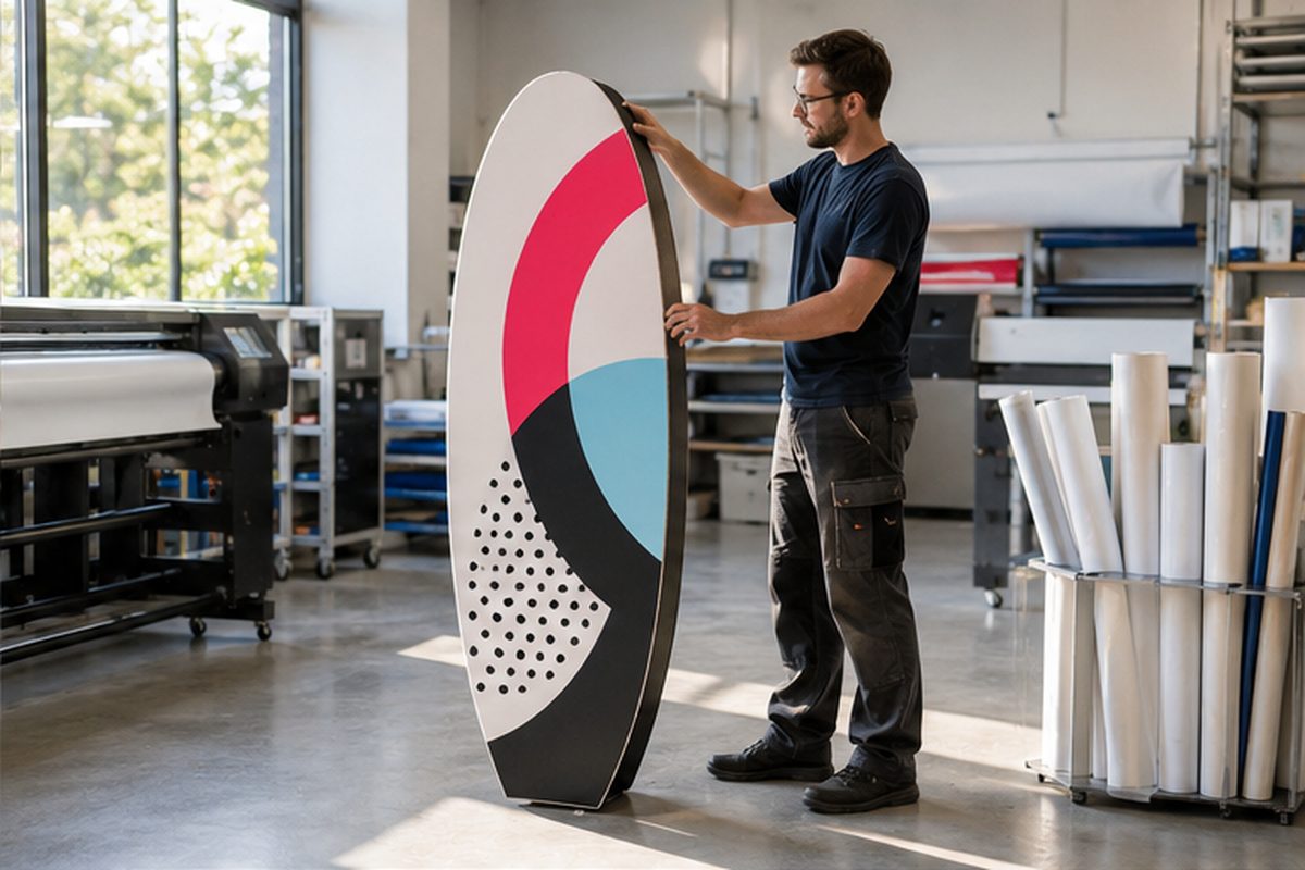 Totem elliptique de sol imprimé en quadrichromie par ReflexPrinting